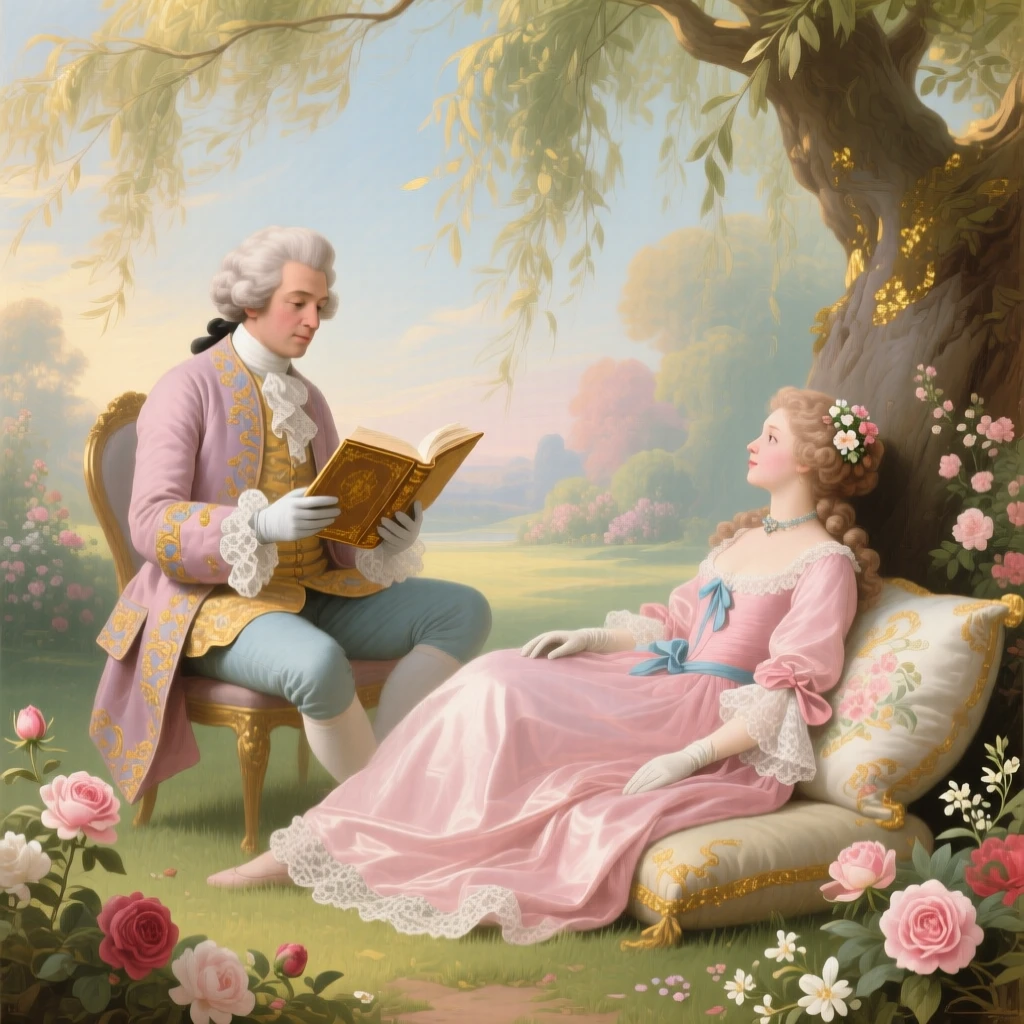 A nobleman reading poetry to his beloved beneath a willow tree  