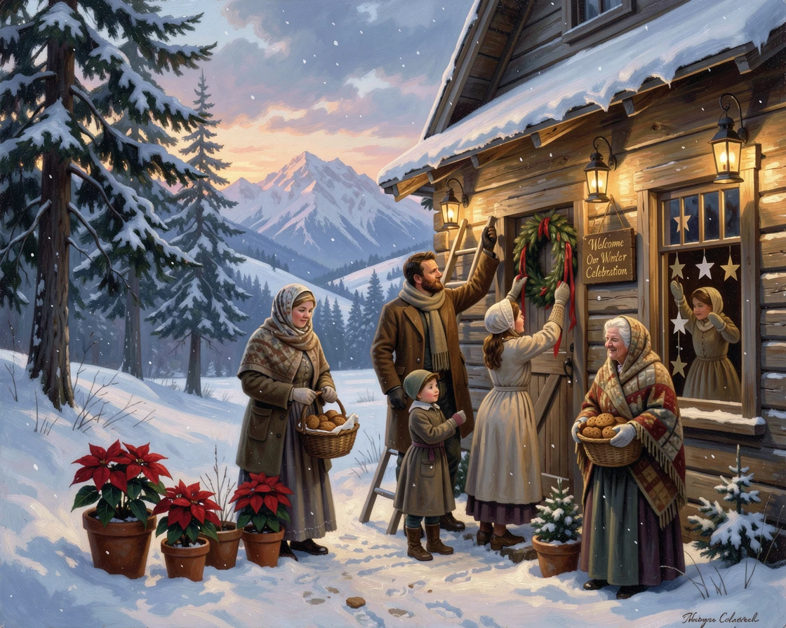 A family decorates their home together for a winter celebration.