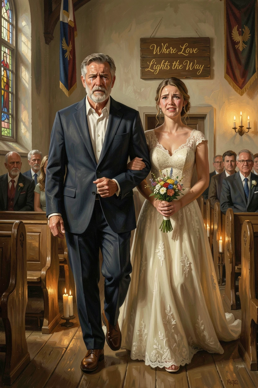 A father walking his daughter down the aisle, both fighting back tears, with emotion and triumph radiating clearly from every face, designed to inspire and uplift anyone who views it
