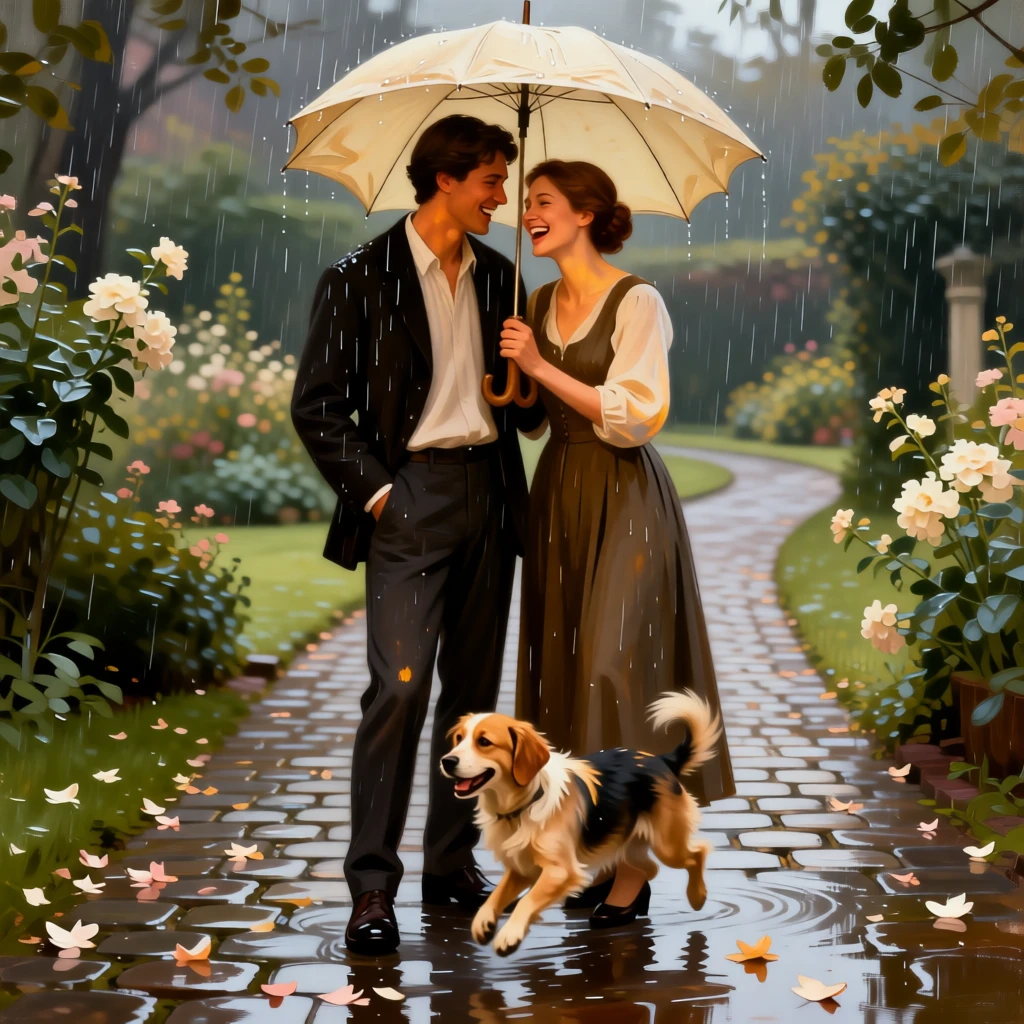 A young couple sharing an umbrella while waiting out a rainstorm as laughter and love fill an otherwise ordinary afternoon, set beside a garden path scattered with fallen blossoms, with a family pet weaving happily between the figures; a soft, blurred background keeps the emotional connection in sharp focus, radiating warmth, comfort, and belonging.