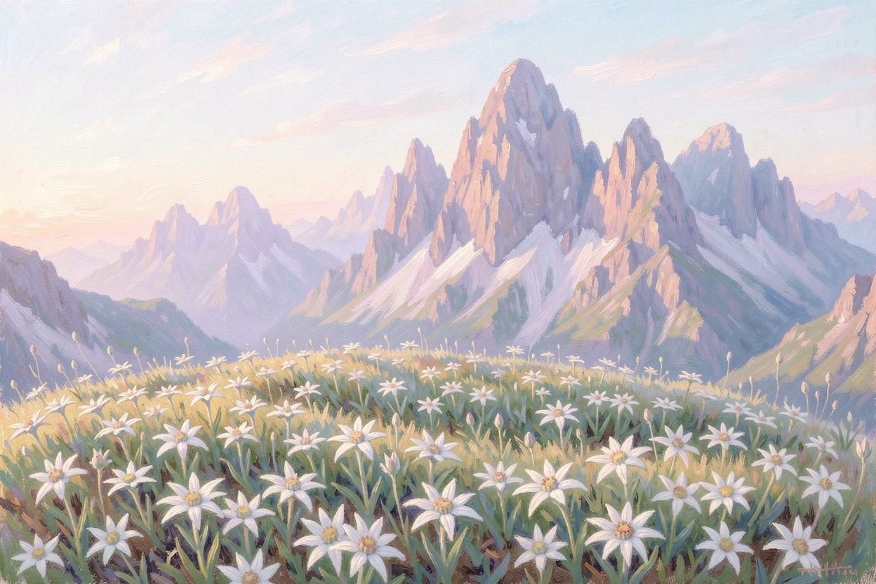 A high mountain plateau covered in wild edelweiss, jagged peaks rising sharply behind, in the gentle hush of early morning.