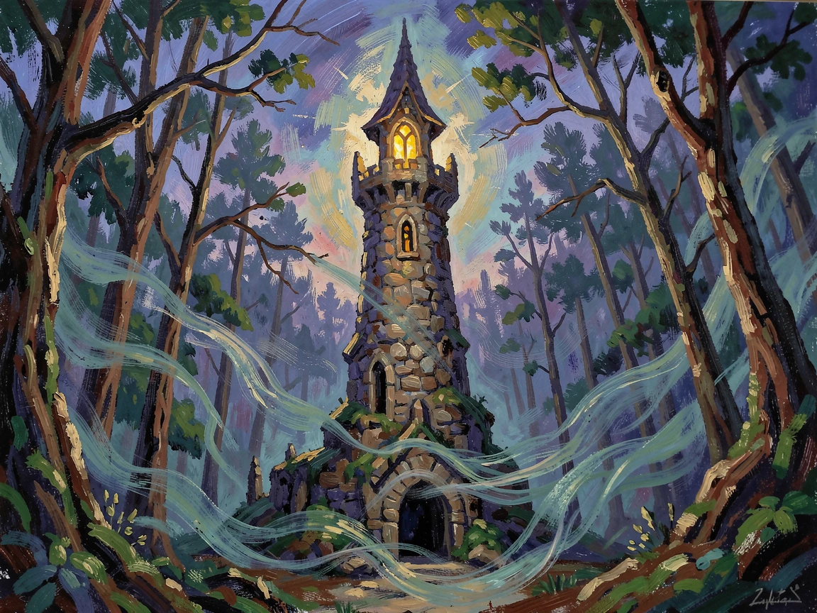 A wizard's tower rising from a misty forest, a single light glowing in its highest window.