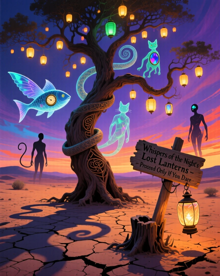 A tree whose branches end in small glowing lanterns sways gently though no wind can be felt, as its shadow stretches into unexpected, curling shapes.