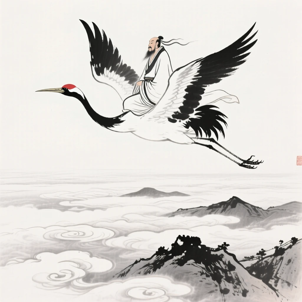 An immortal sage rides a crane above a sea of clouds, as clouds part gently to reveal the mountains far below.