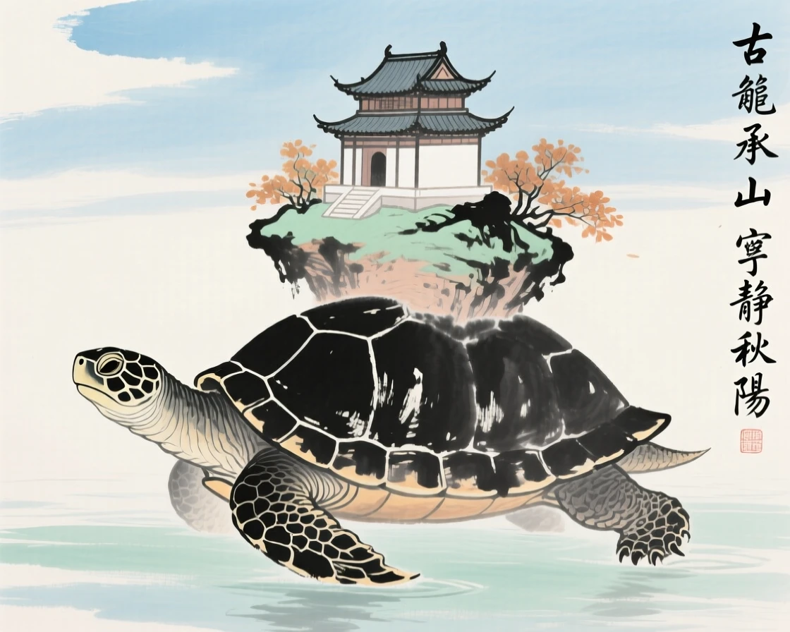 An ancient turtle bearing a floating mountain temple on its back, at the turn of autumn, at midday, radiating gentle serenity.