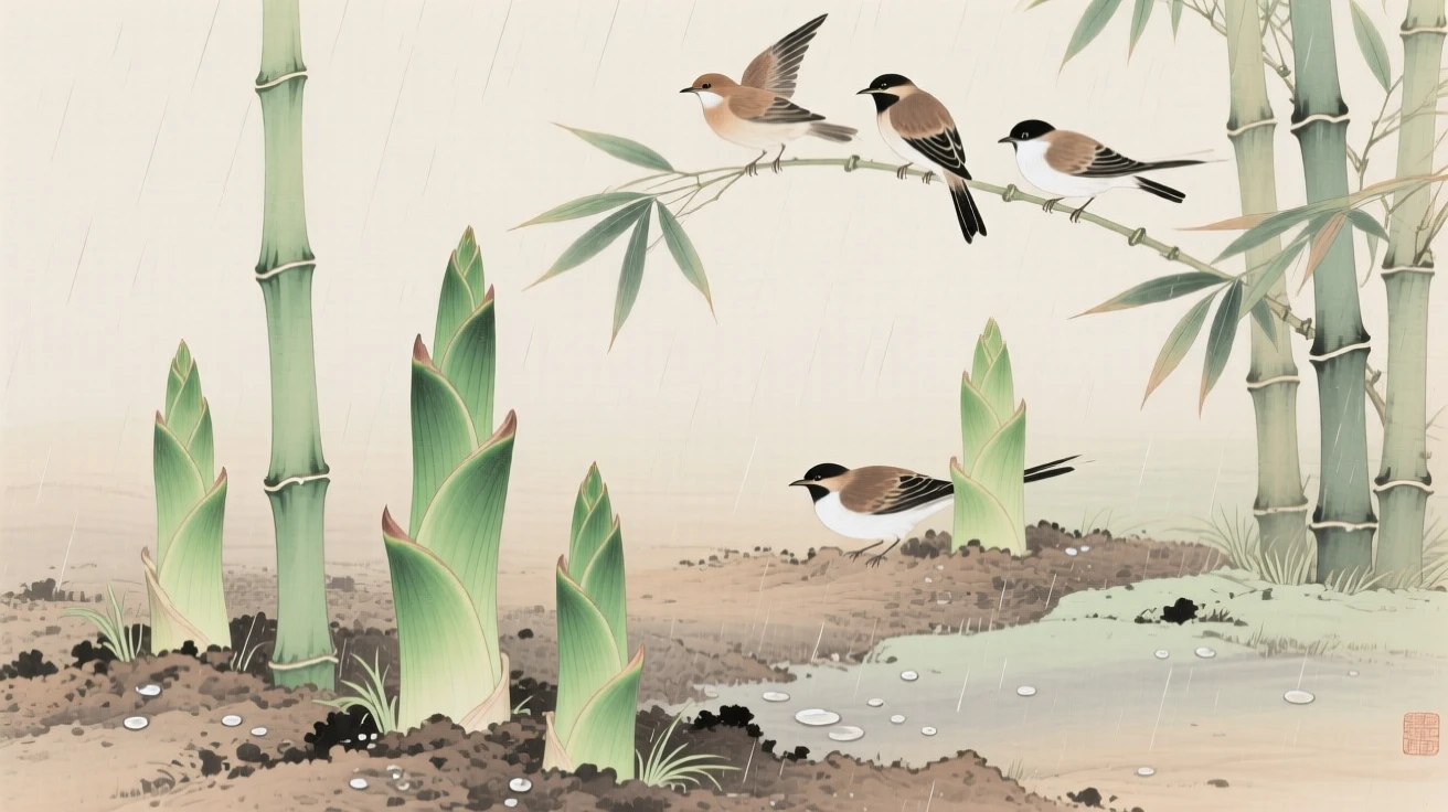New green bamboo shoots pushing up through spring soil after rain, as small birds gather among the branches