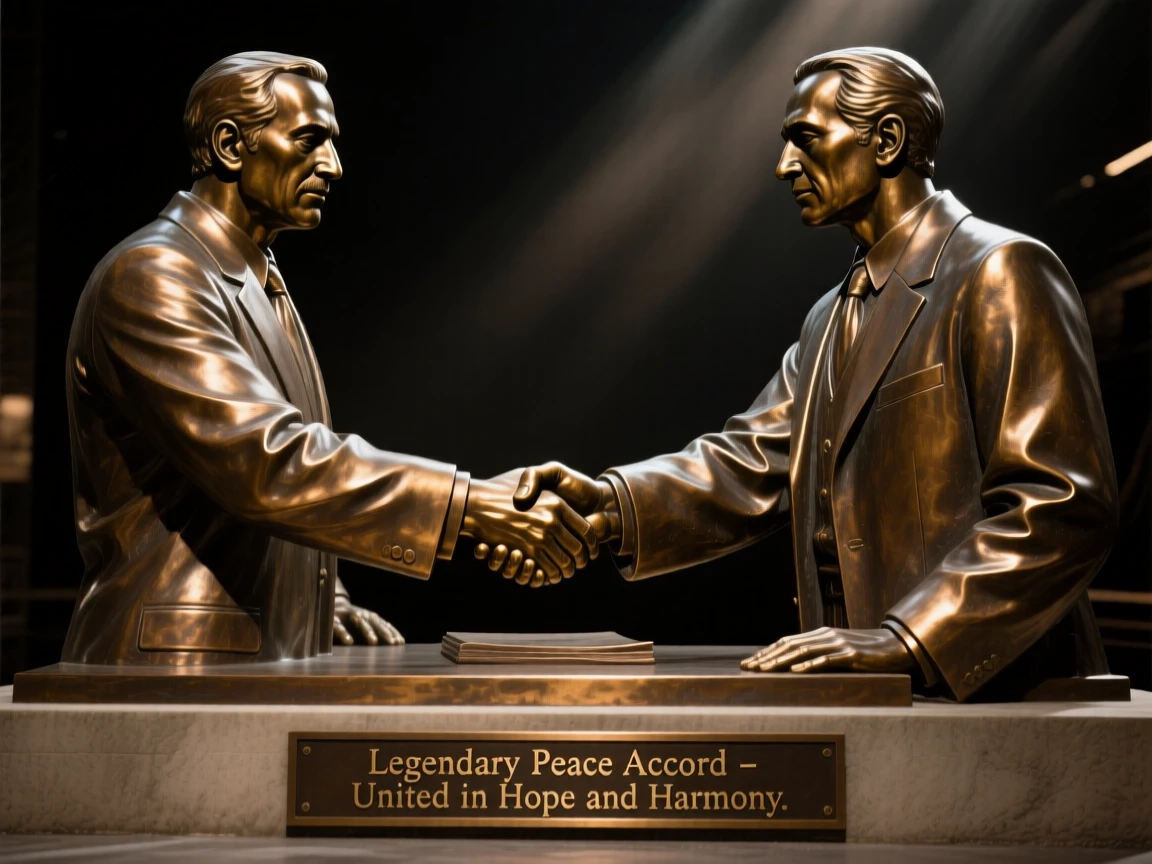 A legendary peace accord sealed with a handshake, bathed in dramatic, atmospheric light, evoking legend and timeless drama