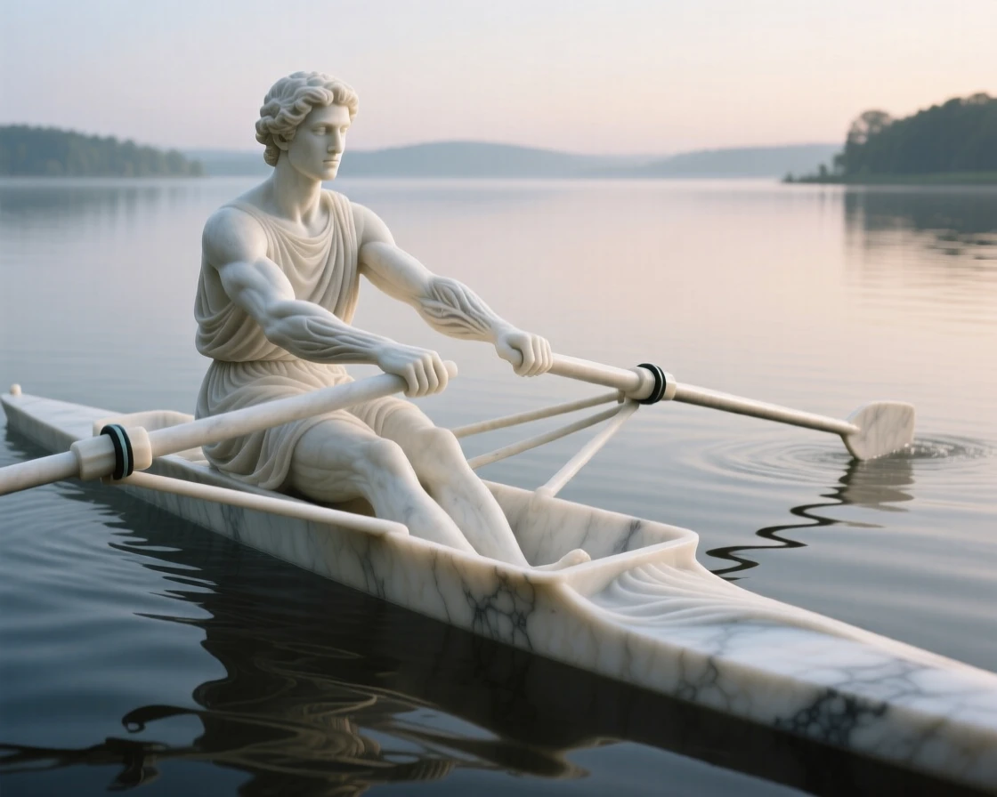 An evocative depiction of a rower gliding across a still lake at dawn, in a moment of quiet stillness, balancing detail with emotional depth
