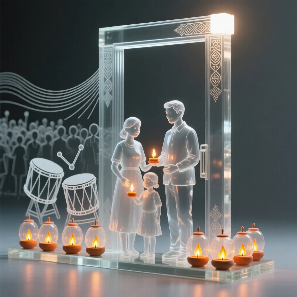 A family lighting small clay lamps along a doorway at festival time while drums echo steadily through the crowd