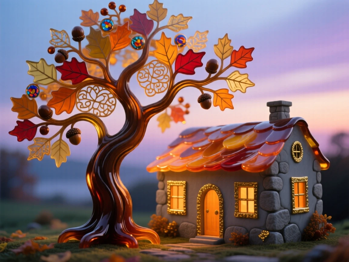 A grand old oak tree glowing with autumn color beside a quiet stone cottage at dusk, timeless and cozy.