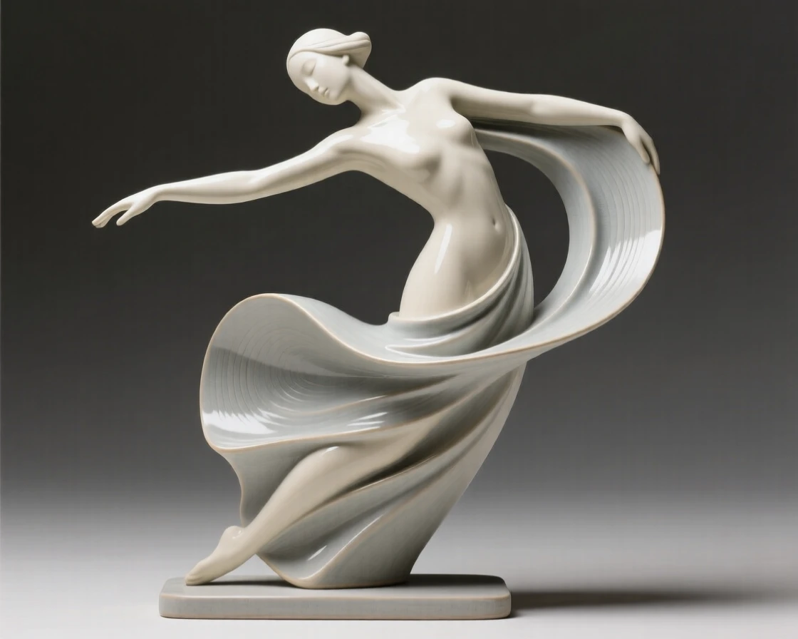 A graceful abstract figure in a flowing pose set as a striking accent within a tasteful arrangement, with fine, delicate detailing throughout, evoking refined elegance and quiet luxury.