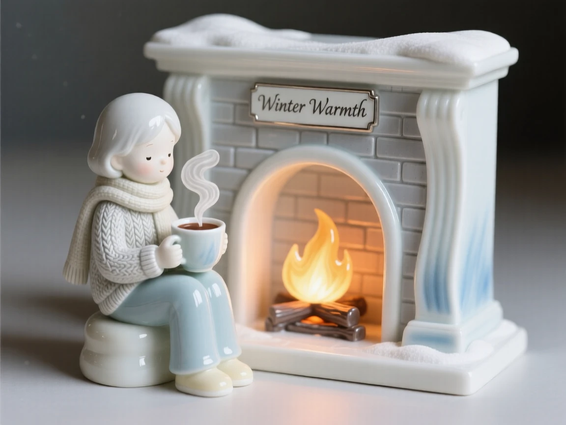 A cozy winter moment: hot cocoa and a crackling fireplace, bathed in soft seasonal light.