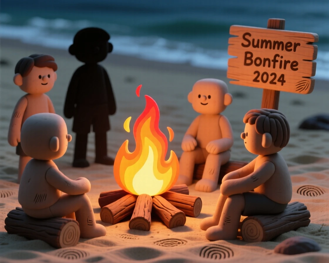 A summer beach bonfire with friends silhouetted against the flames