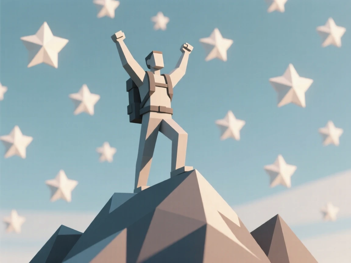 A hiker standing triumphantly on a mountain summit, beneath a sky full of stars. a shallow depth of field keeps focus on the subject's face. There is a quiet sense of determination.