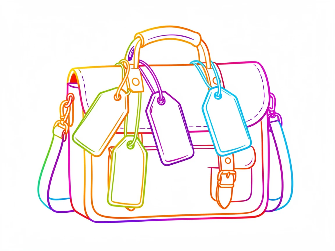 A collection of vintage luggage tags attached to a leather satchel.