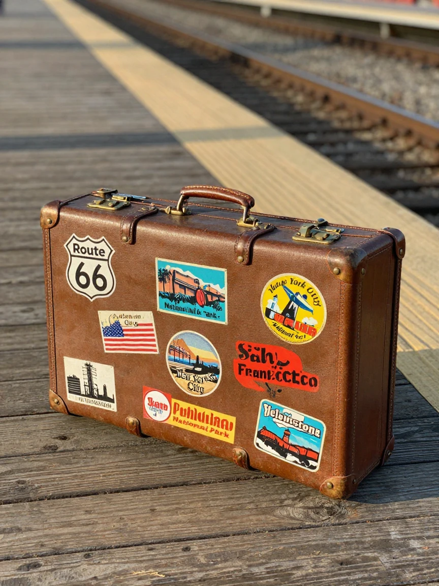 A vintage suitcase covered in travel stickers on a train platform