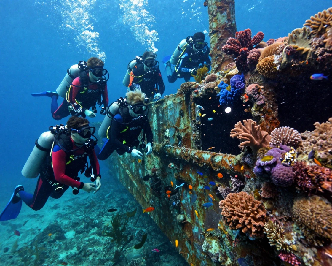 A group of divers explores a sunken shipwreck teeming with colorful coral.