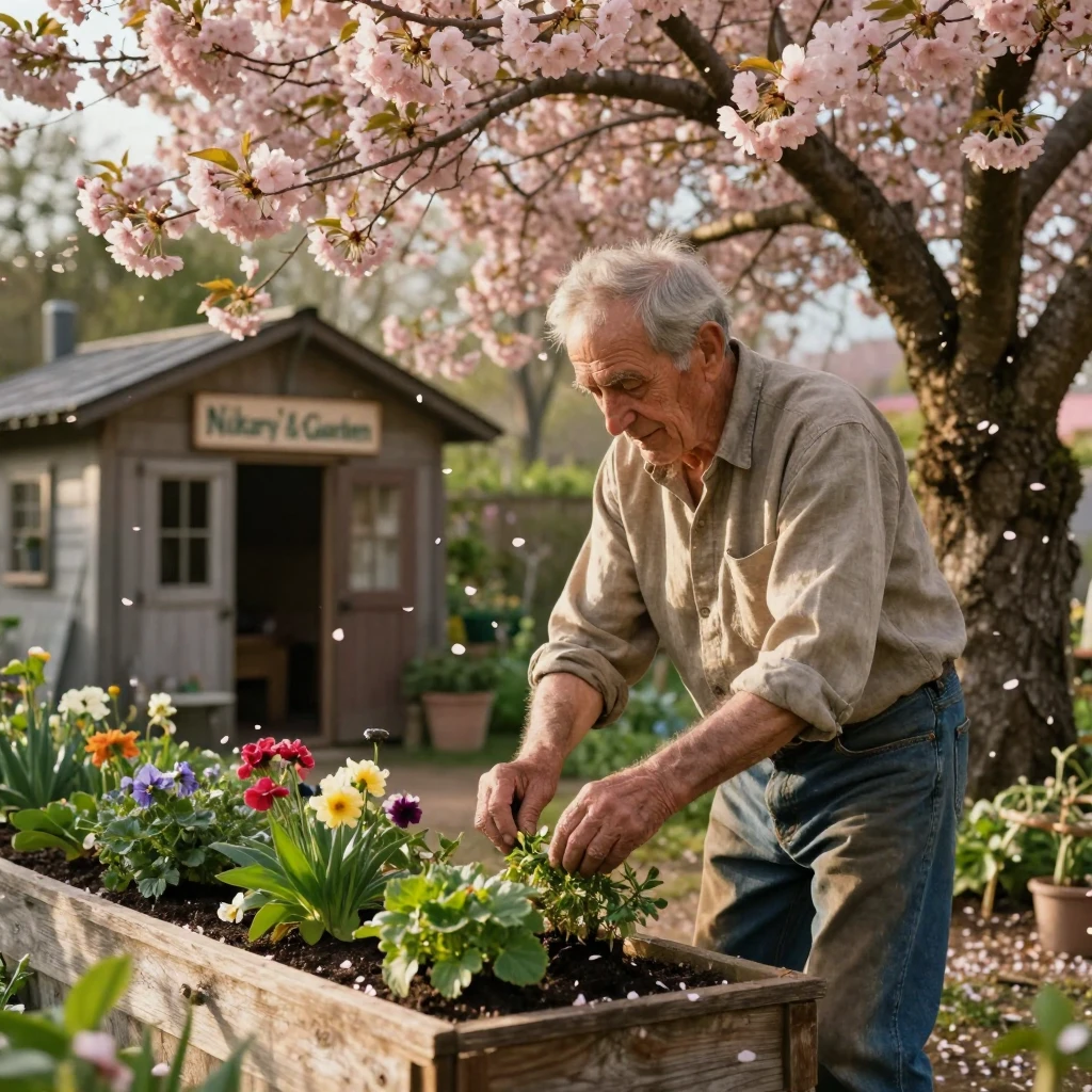 A retired Greek potter tending carefully to a small garden beneath a blossoming cherry tree