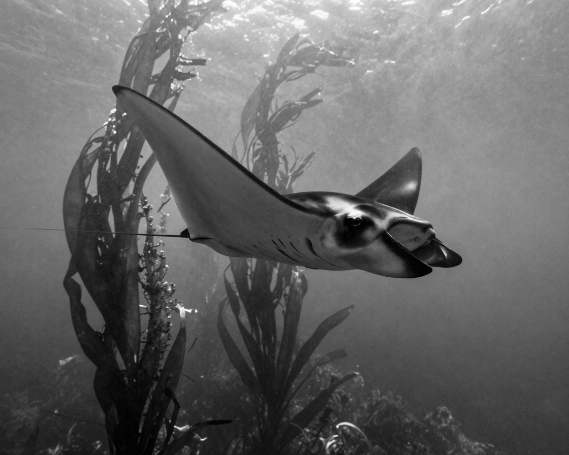 A manta ray soars through the water like a bird near a sunlit kelp forest.
