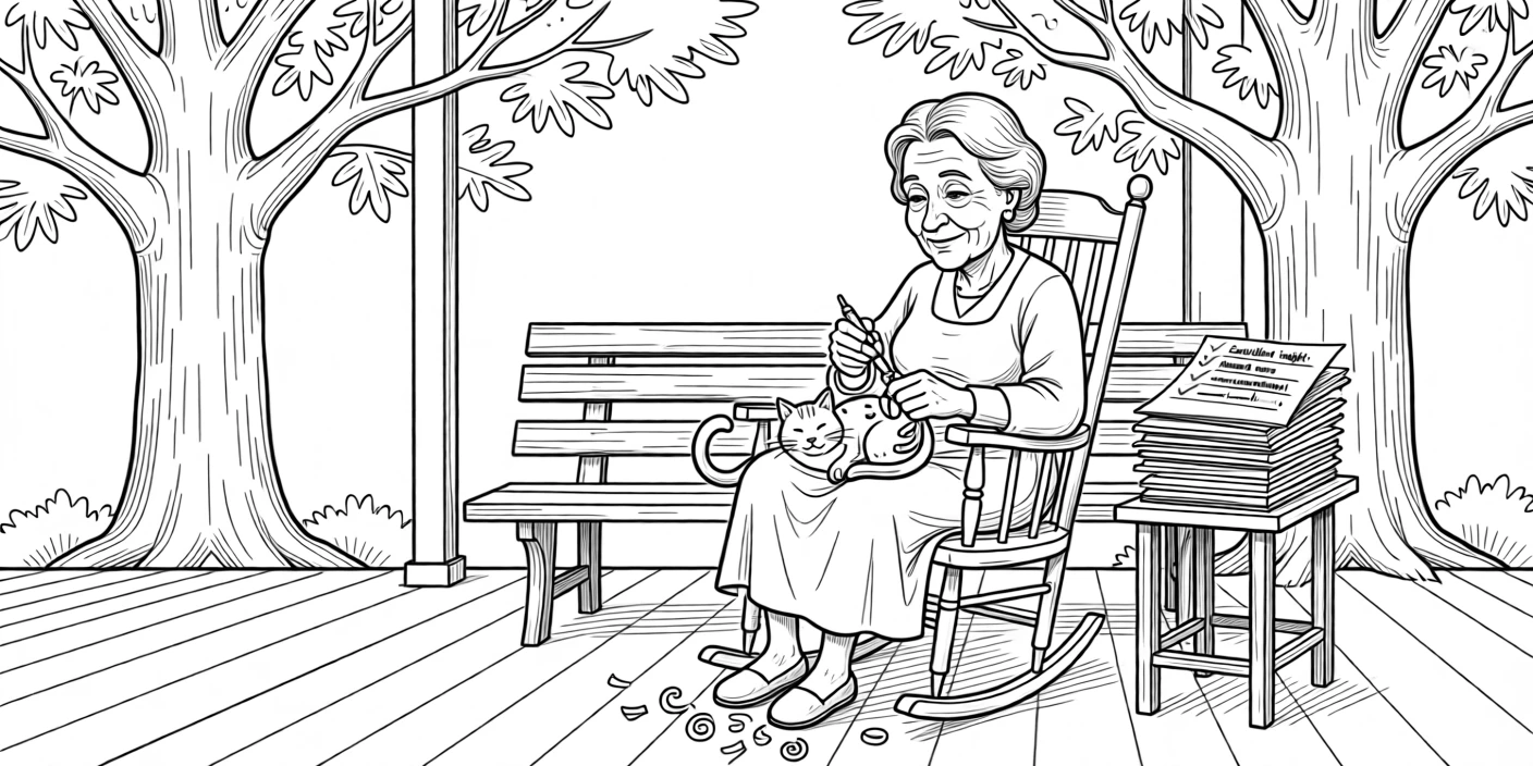 A grandmother rocking gently on a porch with a cat in her lap, carving delicate curls of wood onto the floor, set on a park bench beneath old oak trees. Red pen marks trail across a stack of essays. It feels like a living memory, cherished and ongoing.