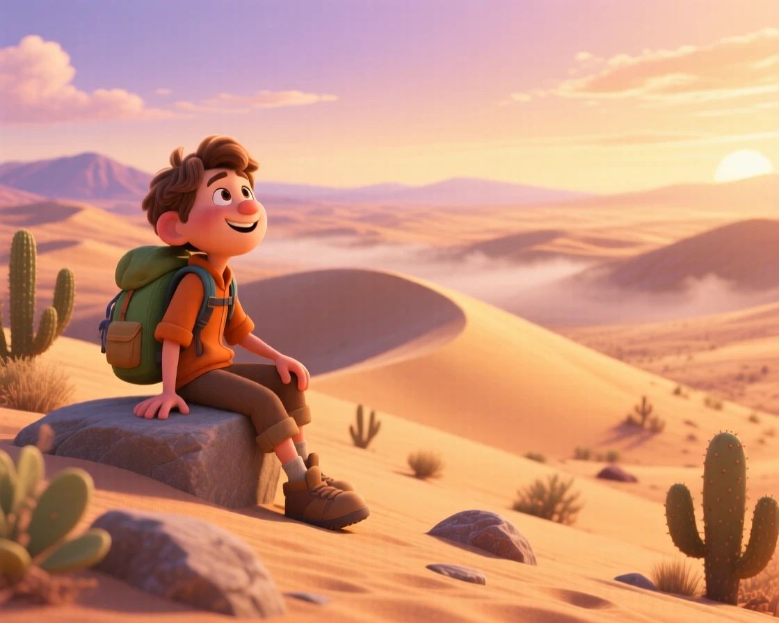 A solo hiker pausing to rest stands along a desert dune ridge at golden hour, resting on a stone ledge to admire the scenery. A warm sense of gratitude and wanderlust colors the moment, with a light mist clinging to the distant hills.