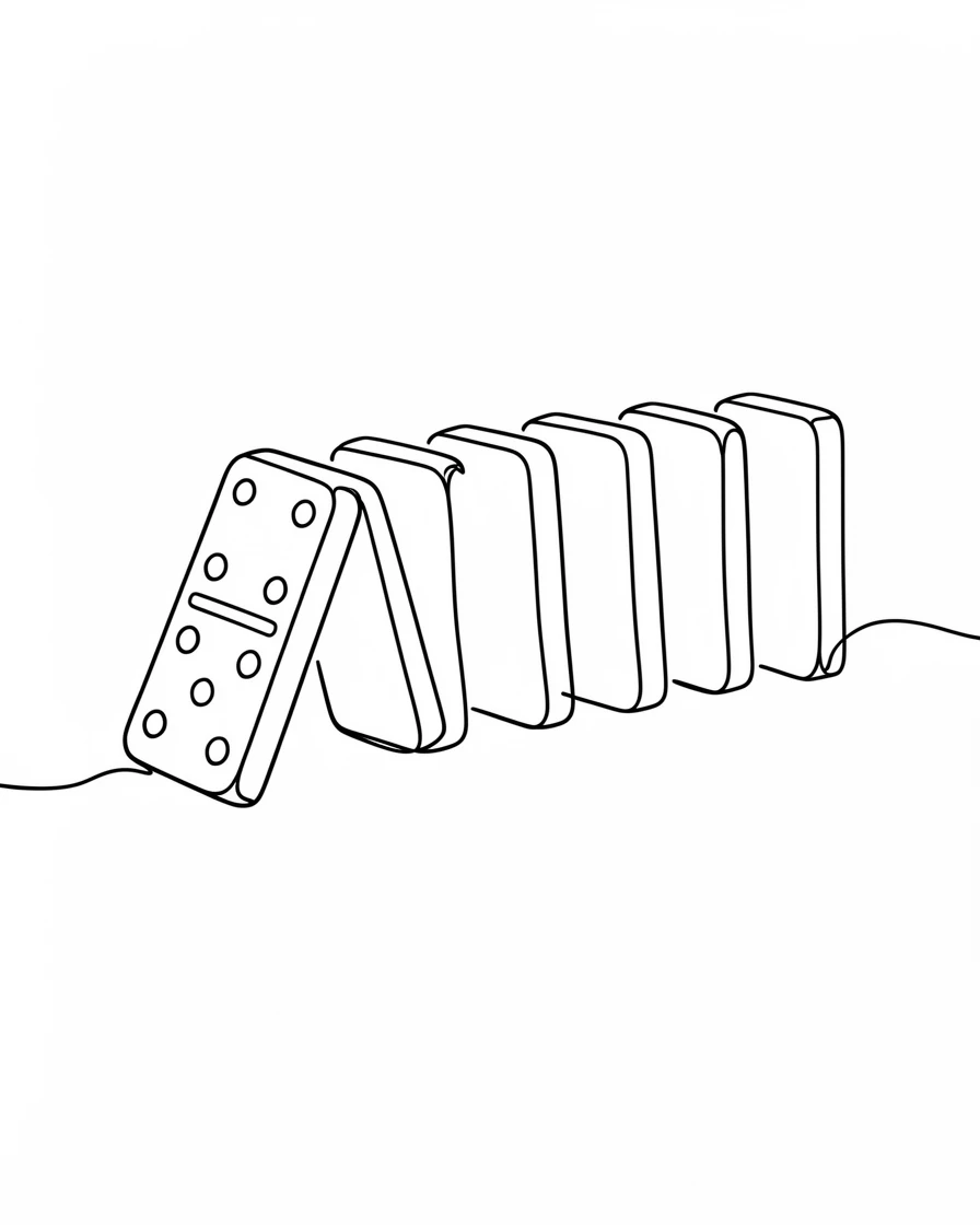 A row of dominoes captured just before the first one falls, representing consequence