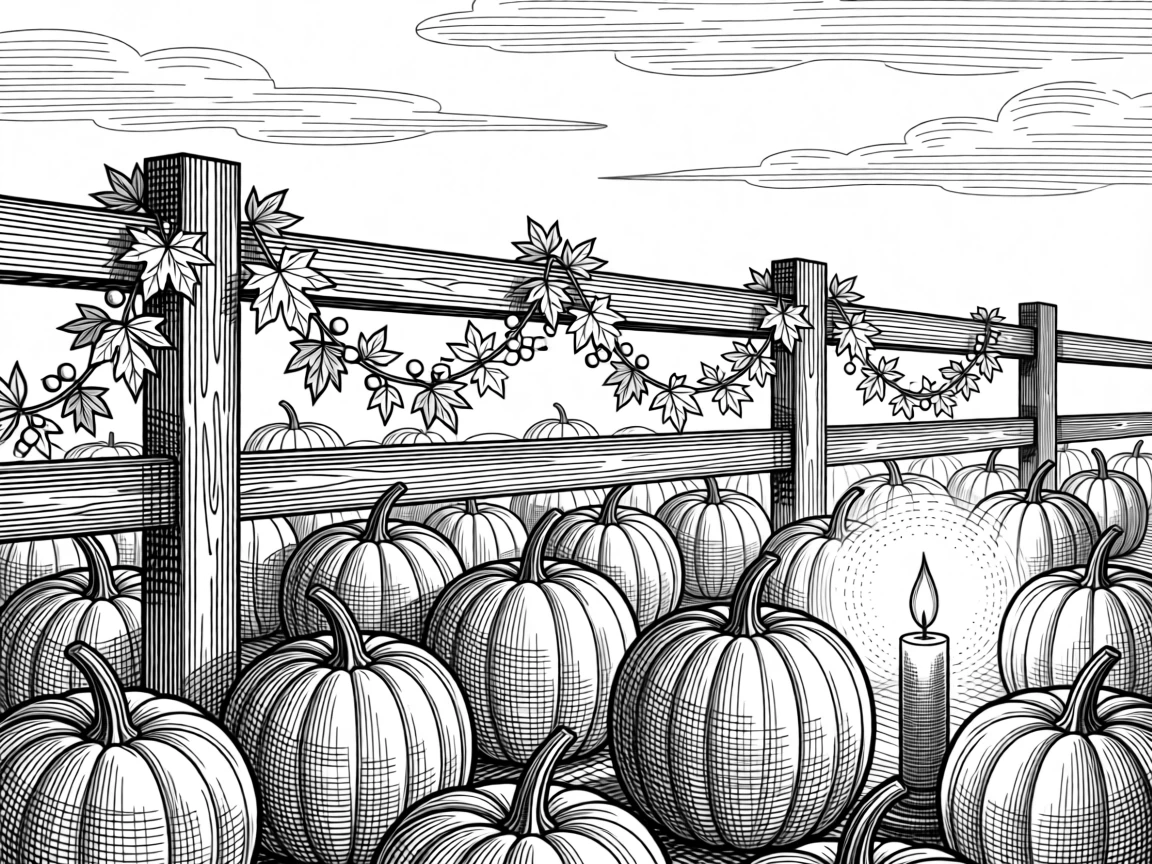 A pumpkin patch under a golden autumn sky with soft candlelight flickering nearby, with garlands draped along a wooden railing, capturing a joyfully nostalgic seasonal moment.