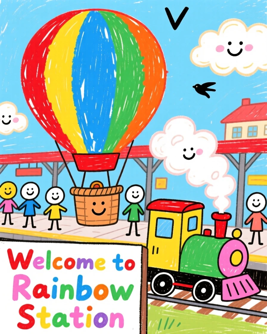 A colorful hot air balloon loading up at a bustling train station.