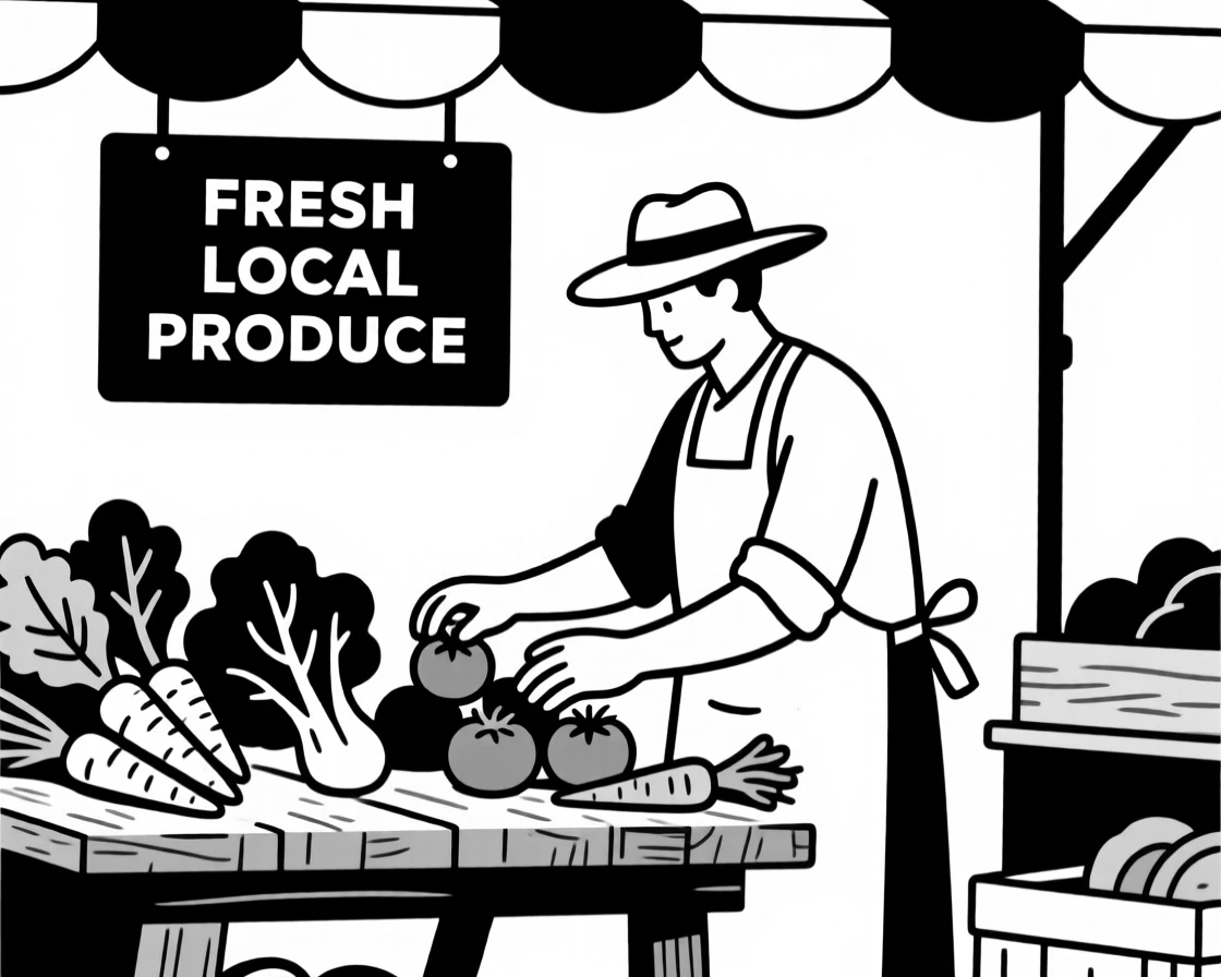 A farmer's market vendor arranging fresh vegetables.
