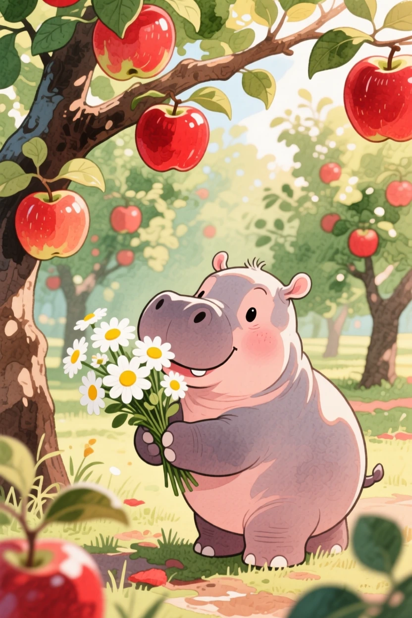 A baby hippo sniffing a bouquet of daisies, set in an orchard heavy with ripe apples, capturing a fleeting moment of quiet contentment.