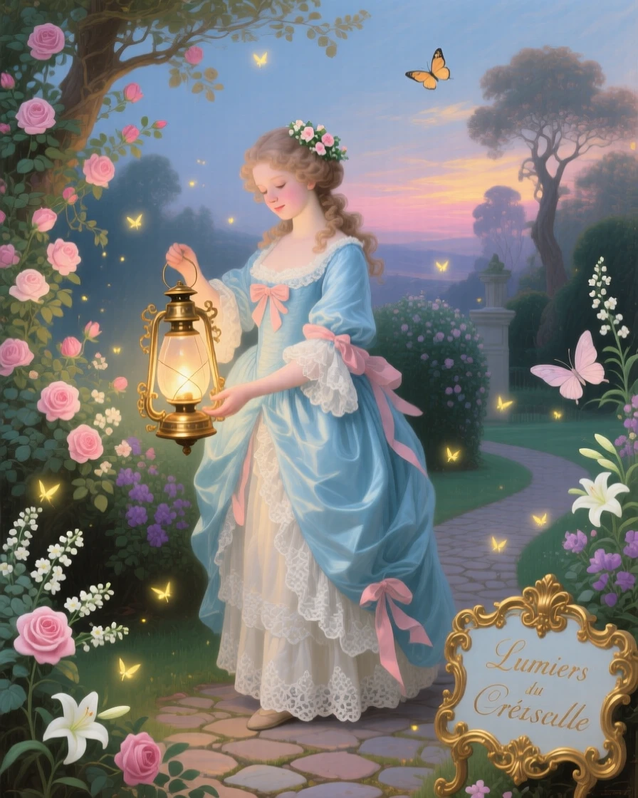 A girl holding a lantern while fireflies gather in a twilight garden  