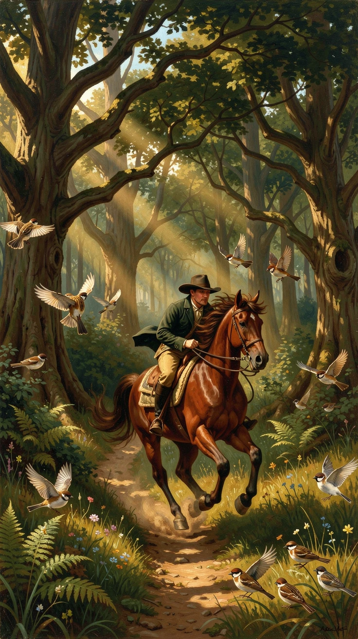 Birds scatter as a horse and rider gallop through a woodland trail.