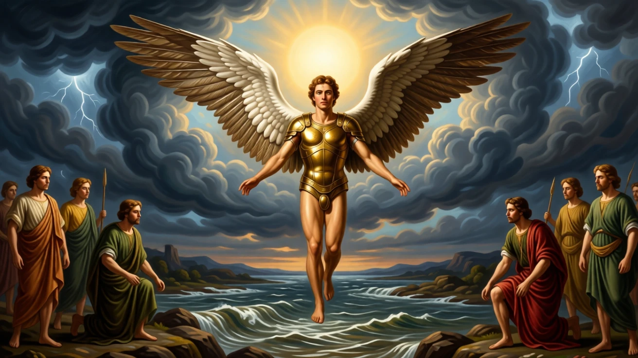 Icarus soaring toward the sun on wings of feathers and wax as thunder rolls across a darkening sky, set beside the rushing waters of a mythic river, with gilded armor catching the light and rich fabrics billowing in the wind; the composition centers the hero in a pyramid of surrounding figures, charged with heroic resolve and quiet foreboding.