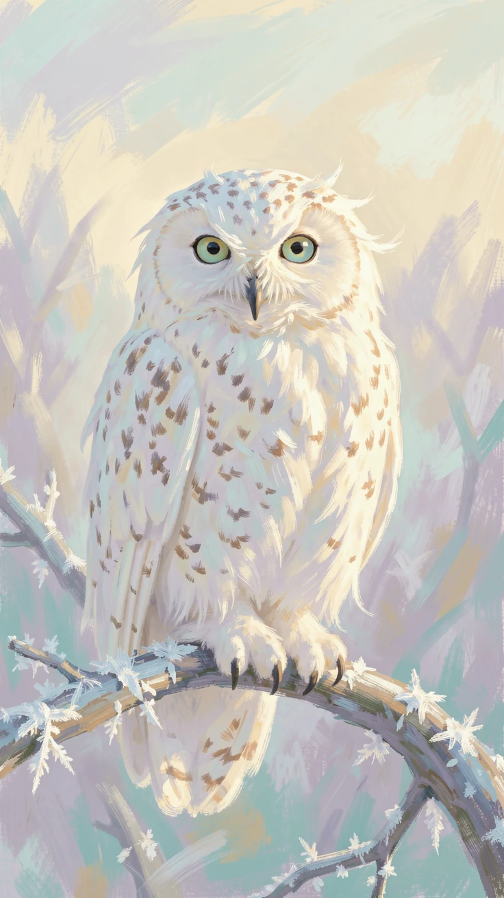 A snowy owl perched on a frost-covered branch, feathers ruffled by a gentle winter wind, radiating joy and gentle celebration.