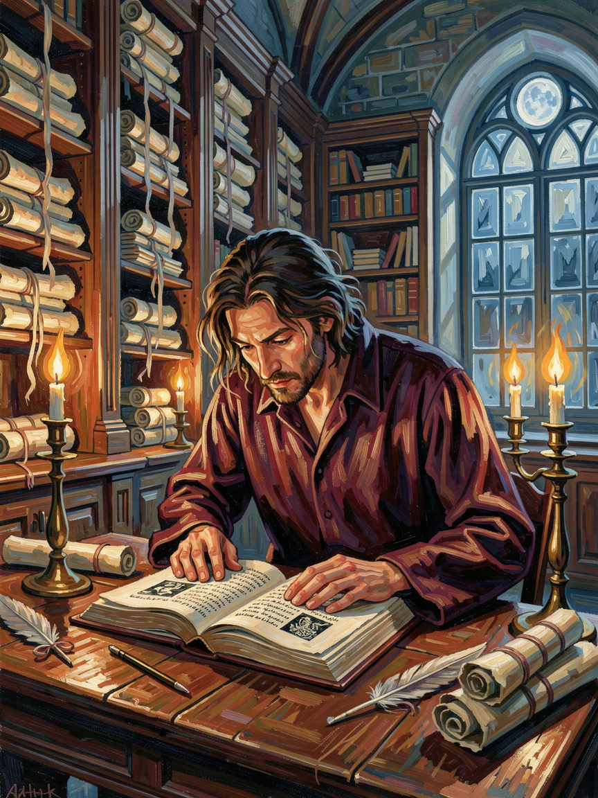 An ancient library filled with scrolls and candlelight, a scholar bent over an open book.