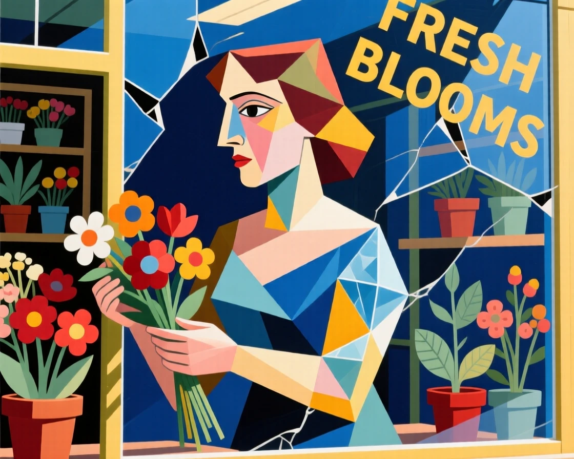 A woman arranging fresh flowers in a sunlit florist shop window.
