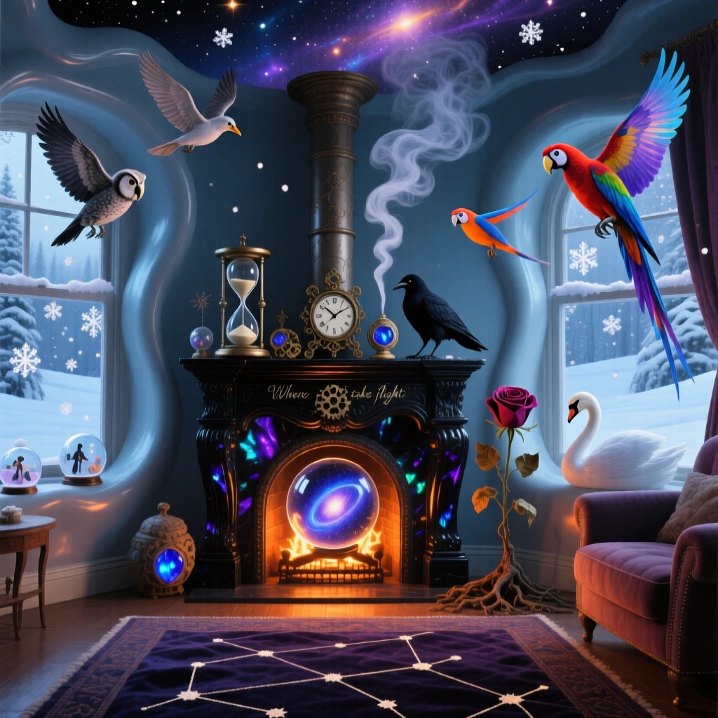 A snug living room where the fireplace holds a tiny captured galaxy rests peacefully beneath a blanket of drifting snow, while smoke curls gently from a chimney into shapes of birds.