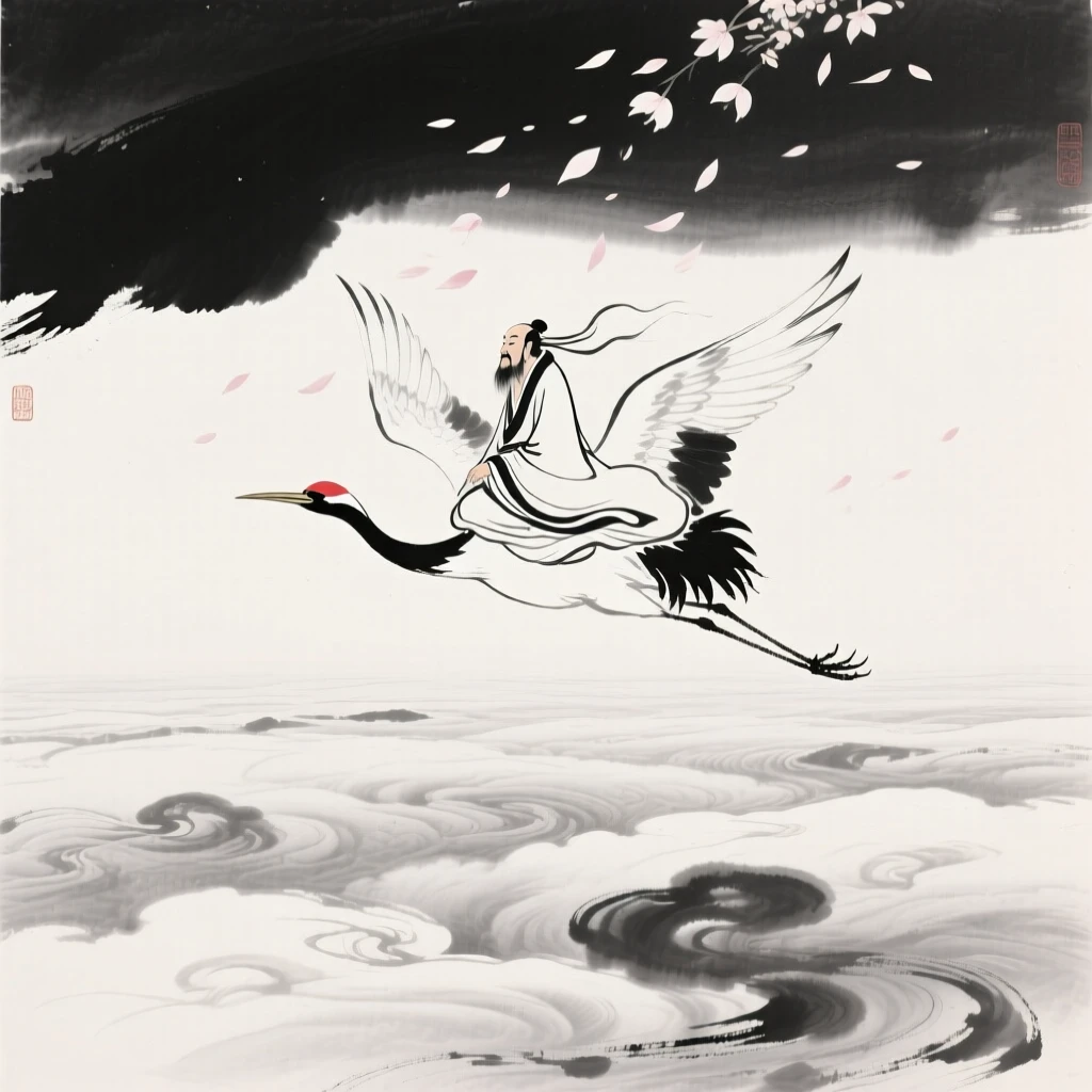 An immortal sage rides a crane above a sea of clouds, as petals drift down from an unseen source above.
