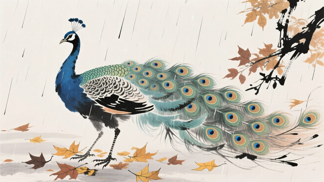 A proud peacock displaying its full tail of iridescent feathers, in a gentle drizzle, as autumn leaves turn golden.