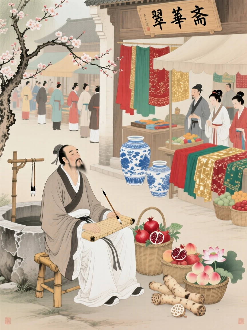 A wandering poet resting after a long day's journey in a marketplace bustling with color and life