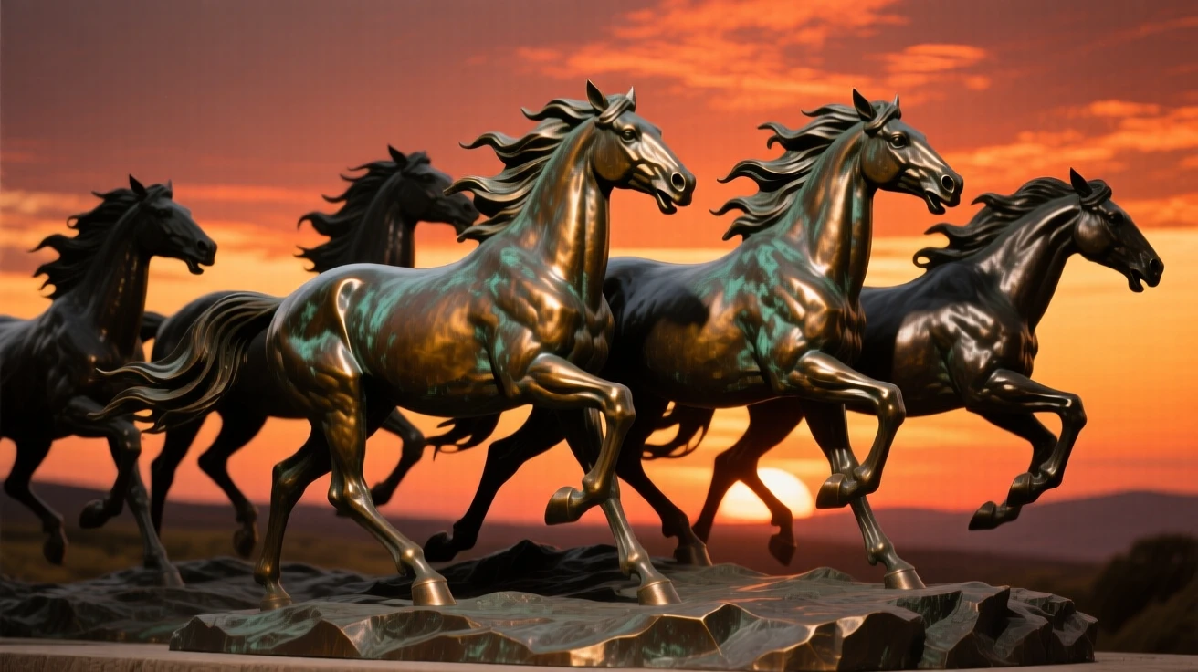A herd of wild horses silhouetted against a fiery sunset, captured mid-motion with powerful grace, evoking wonder and majesty