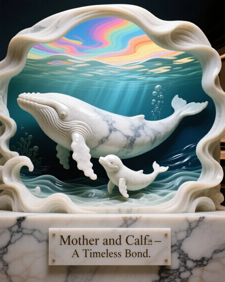 A vivid, emotionally rich scene of a mother whale swimming beside her calf, under a brilliant, colorful sky, designed to captivate and inspire