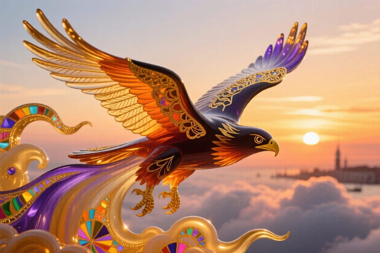 A lone falcon diving through golden clouds at the height of sunset, thrilling and majestic.