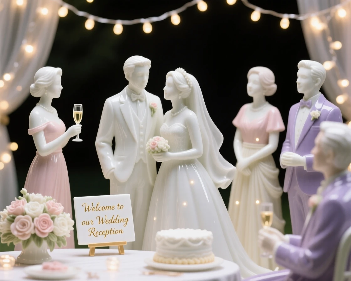 A joyful a wedding reception under fairy lights scene, softly glowing from strings of light.