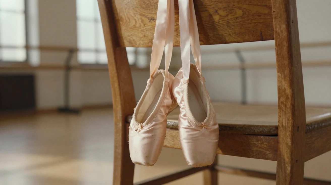 A pair of ballet shoes hanging by their ribbons