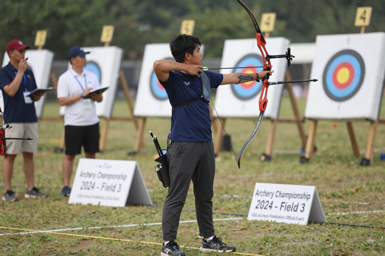 A young archer releases an arrow toward a distant target at a competition.