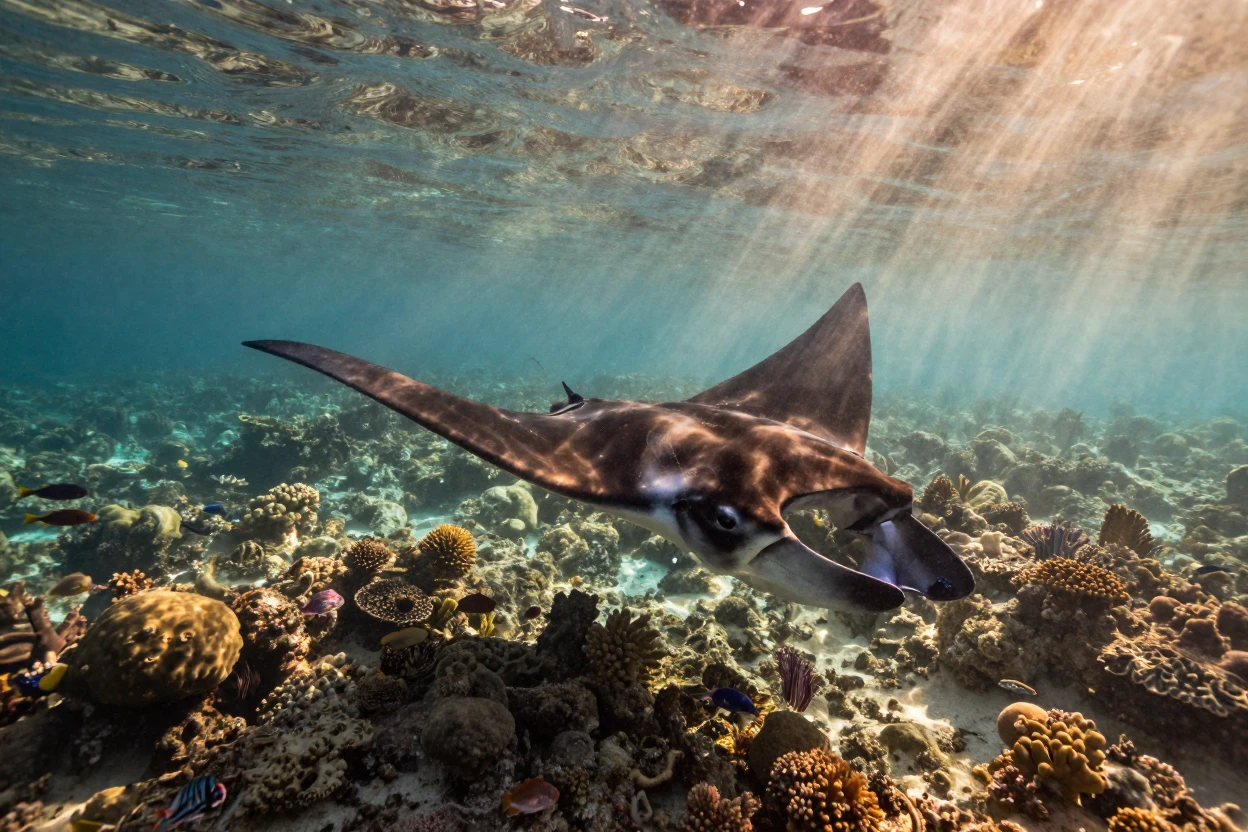 A manta ray gliding through open water exploring within a sunlit shallow reef