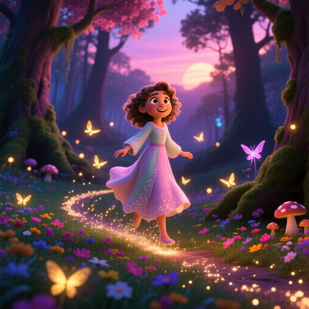 A young sorceress stands in an enchanted forest glowing with fireflies, floating gently above a field of flowers. The atmosphere feels mystical yet warmly inviting, with a trail of glimmering dust following each step.