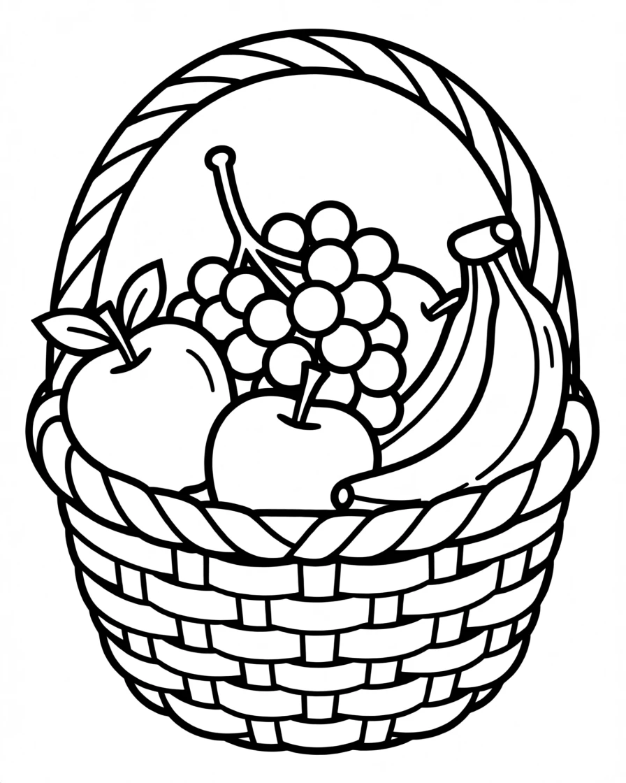 A basket of fresh fruit including apples, grapes, and bananas