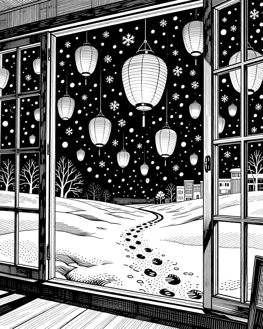 A lantern festival lighting up a night sky as snow gently falls outside the window, with footprints trailing through fresh snow, capturing a cheerfully celebratory seasonal moment.